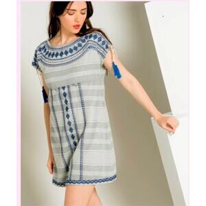 The Impeccable Pig Short Sleeve Blue Short Embroidered Shift Tassle Dress M